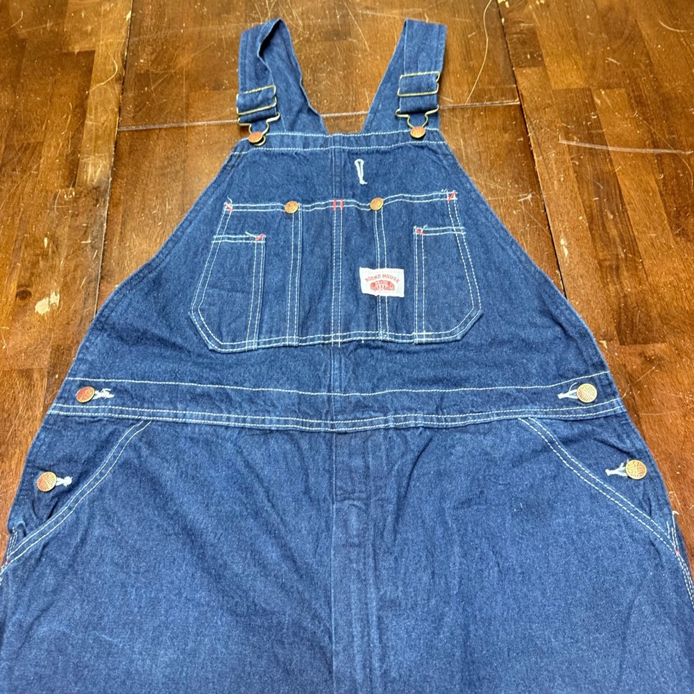 Vtg Round House Denim Bib Overalls Mens XL 40/32 Blue USA Workwear Utility